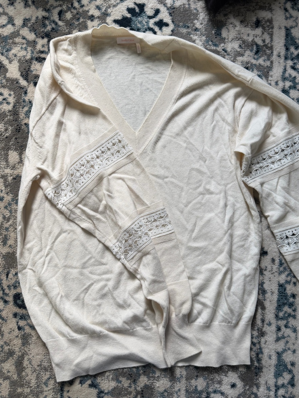 See By Chloe Cream V-Neck Sweater with Lace Trim